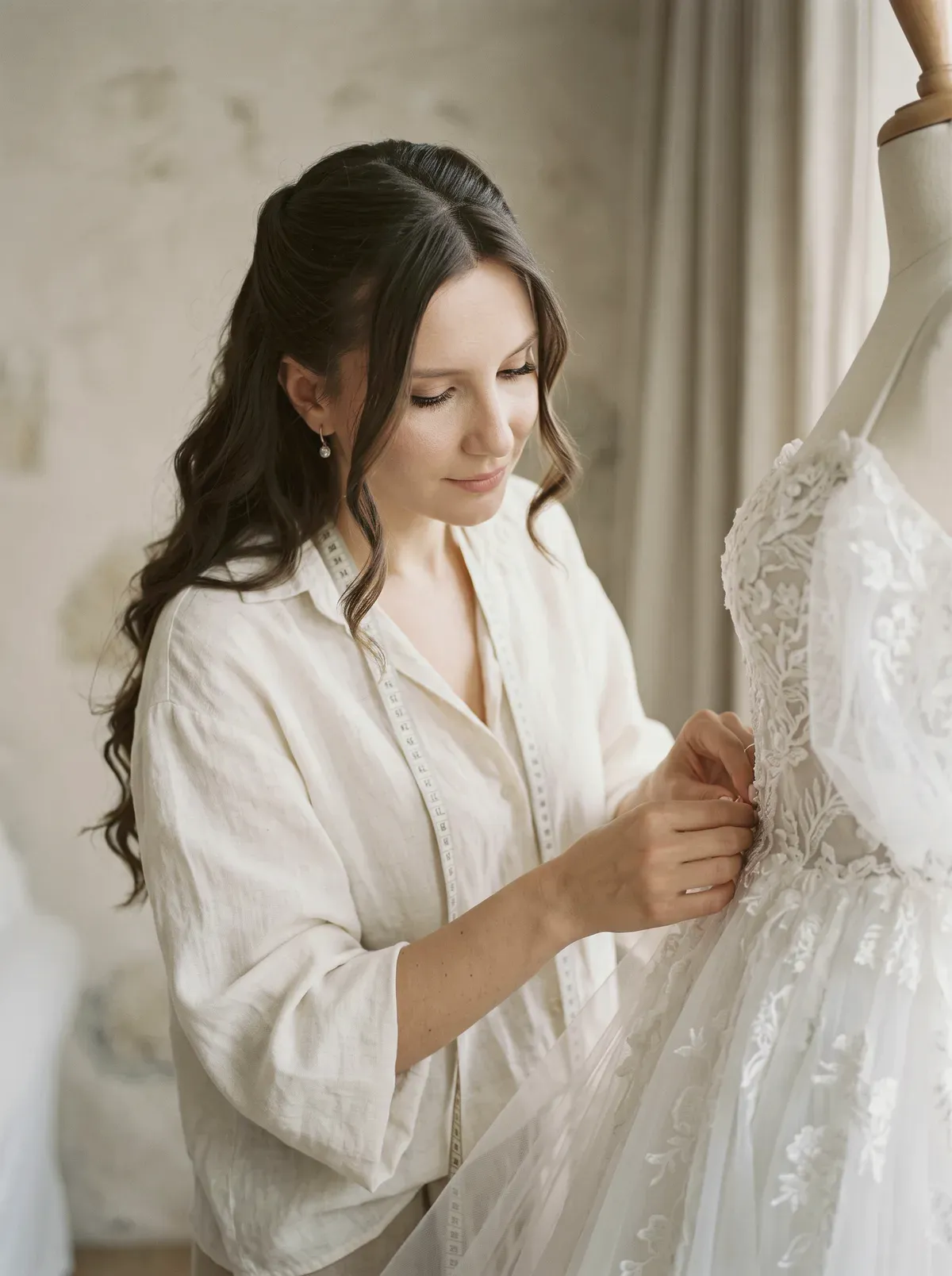 Cecília ajusta a renda de um vestido no manequim