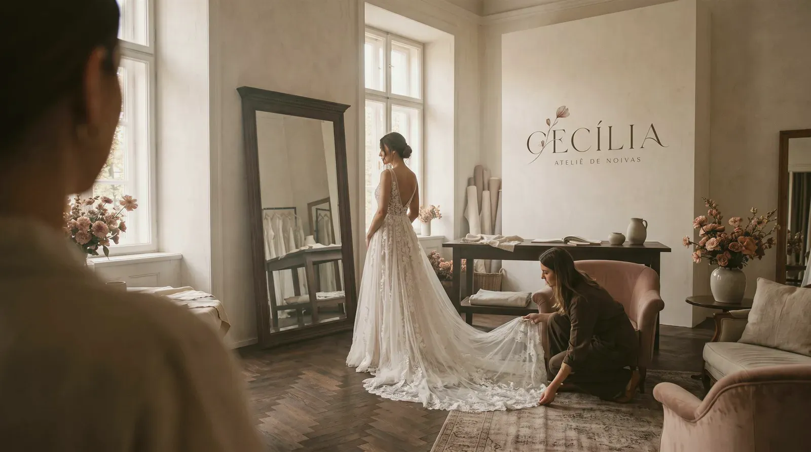 No ateliê Cecília, a estilista ajusta a cauda do vestido de uma noiva