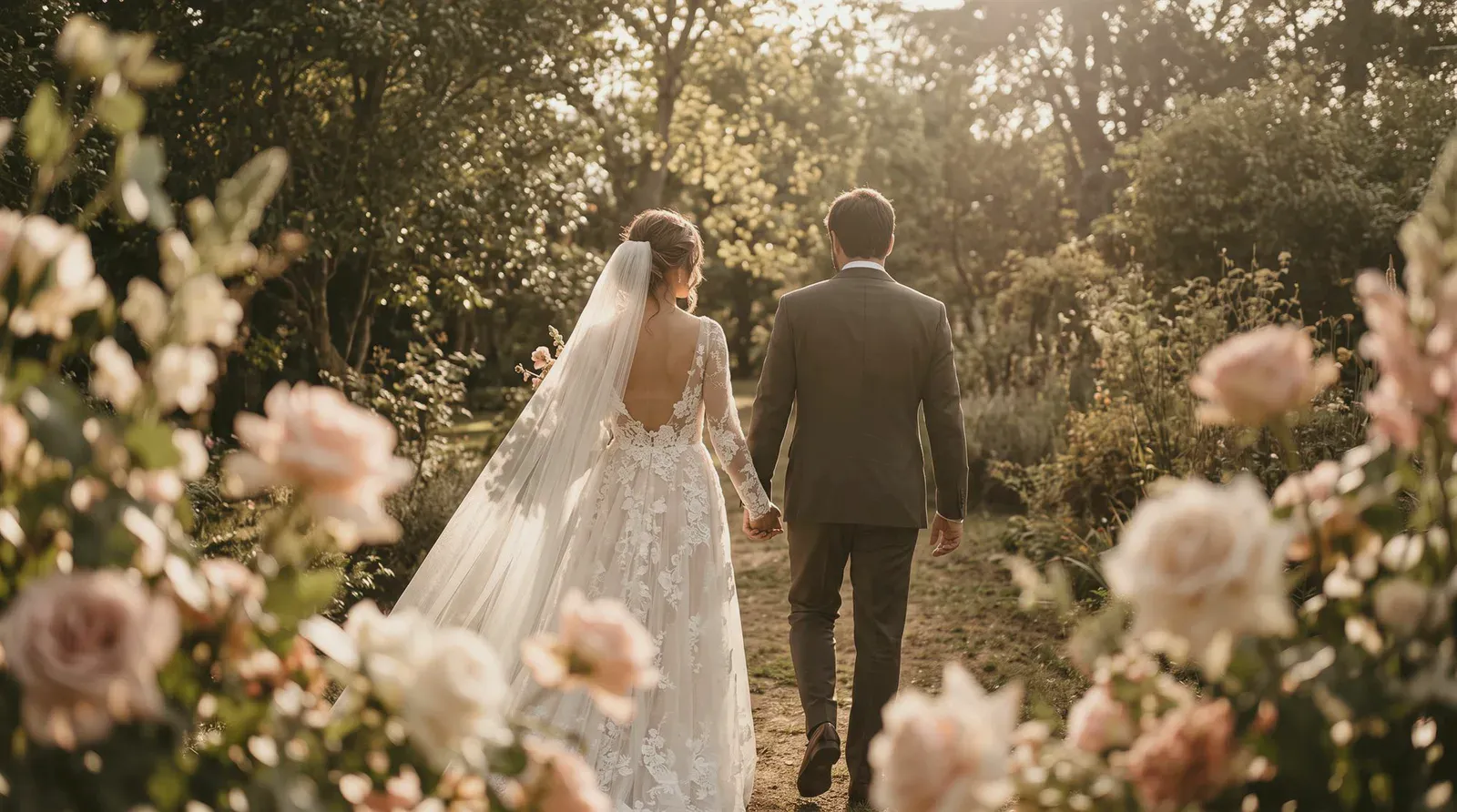 Juliana caminhando de mãos dadas no jardim