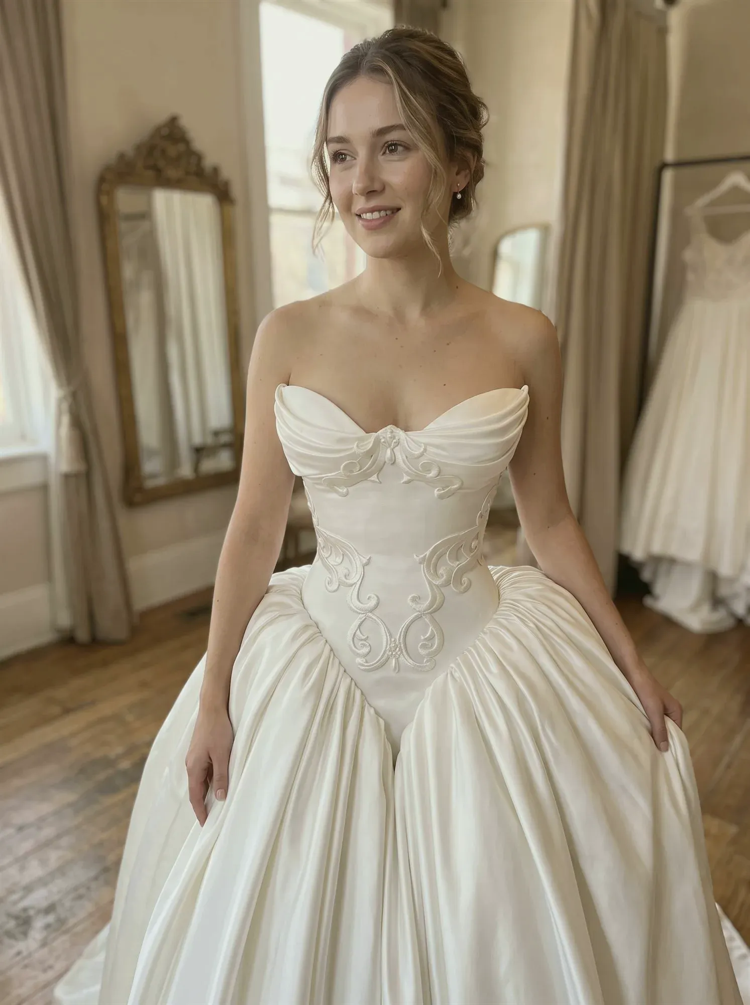 Vestido Isadora, cetim tomara que caia com bordado em relevo