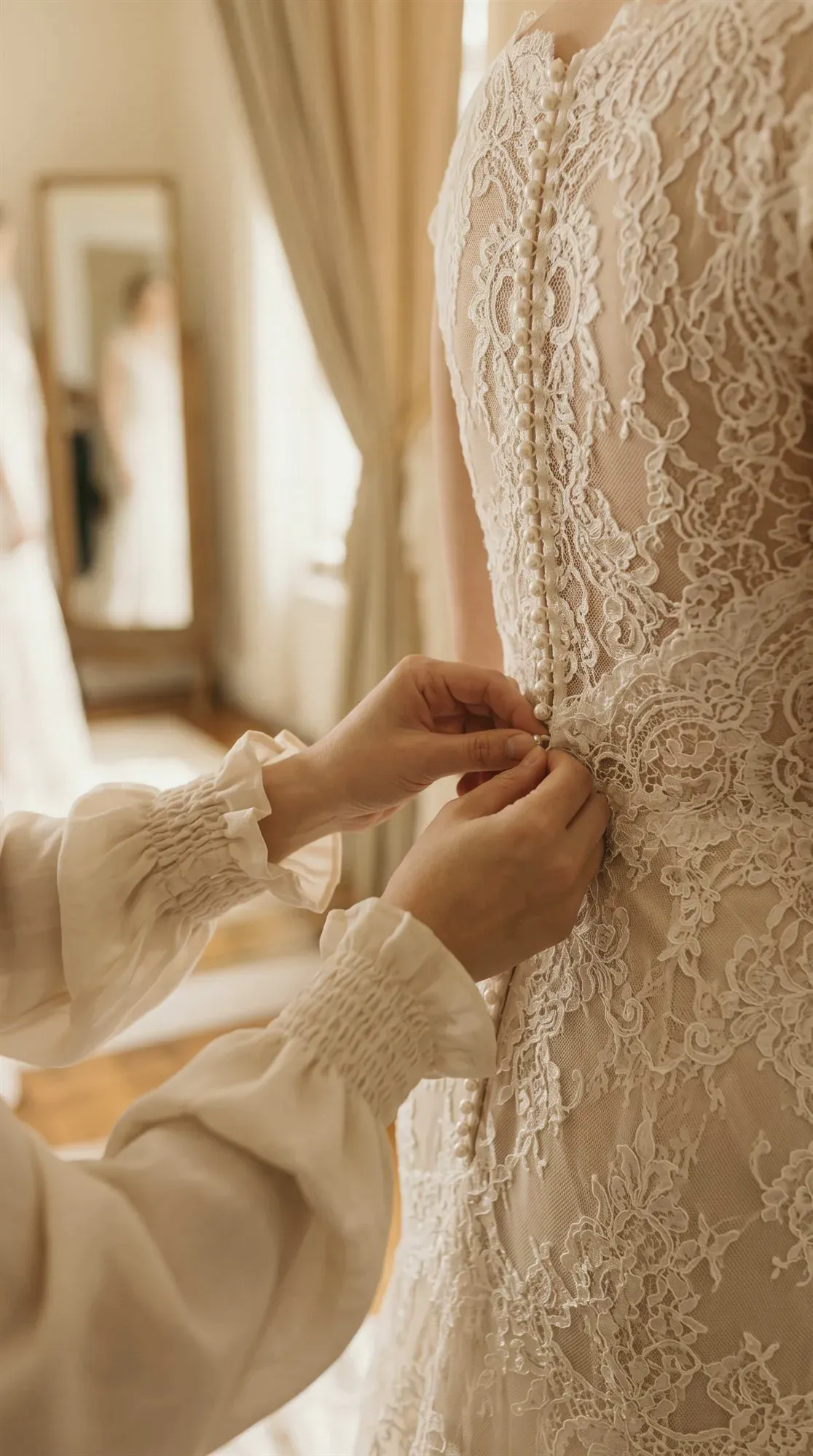 Botões forrados sendo fechados nas costas de um vestido de renda